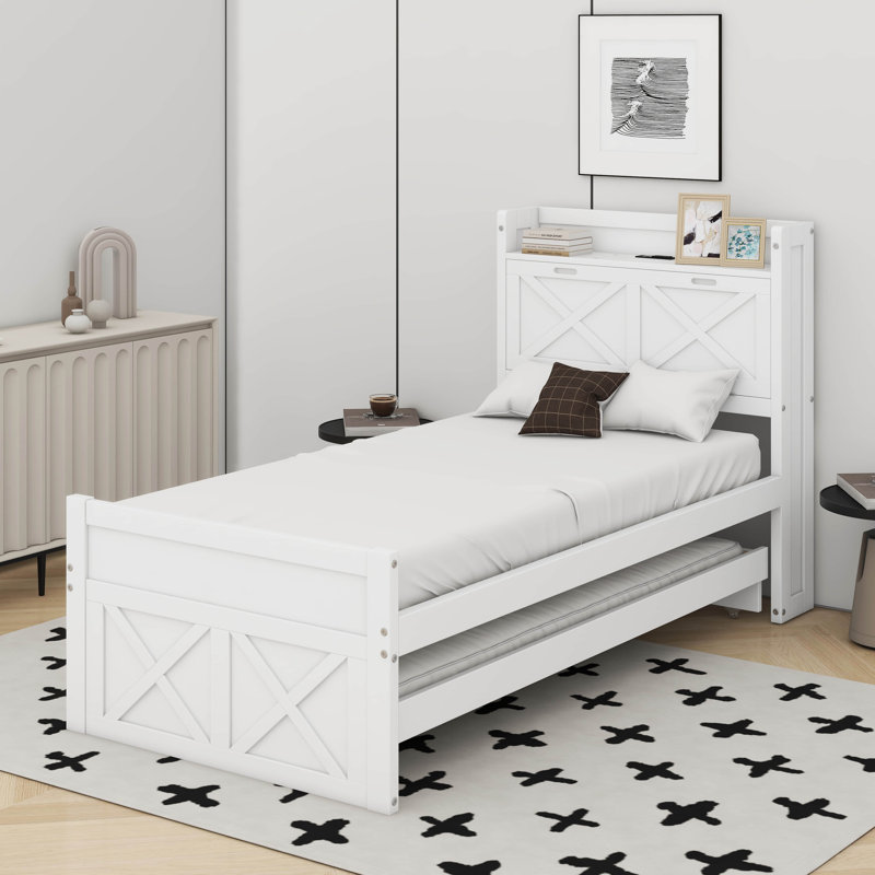 Lit simple en bois avec lit gigogne, Blanc