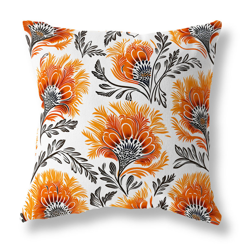 Coussin décoratif intérieur / extérieur Whimsical Wilds, H 16 po x l 16 po, Blanc / orange