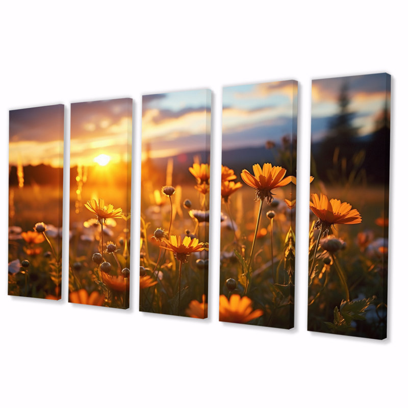 Champ de fleurs jaunes jaunes avec coucher de soleil I - impression sur toile florale - 5 panneaux égaux