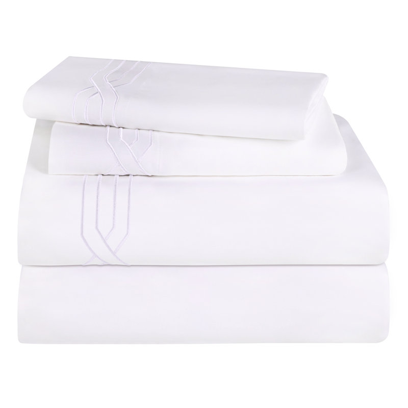 Ensemble de draps 100% coton 1200 fils à broderie géométrique 1200 fils, Blanc / taupe, Grand