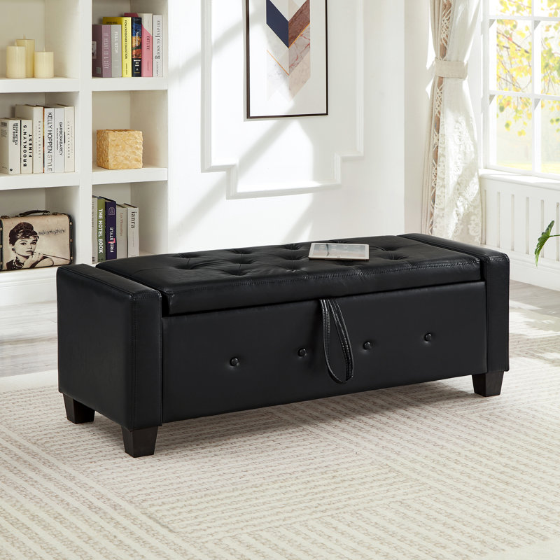 48" Ottoman Bench With Storage, Bench For Bedroom,Living Room,Hallway, Upholstered Tufted Faux Leather PU Ottoman Black