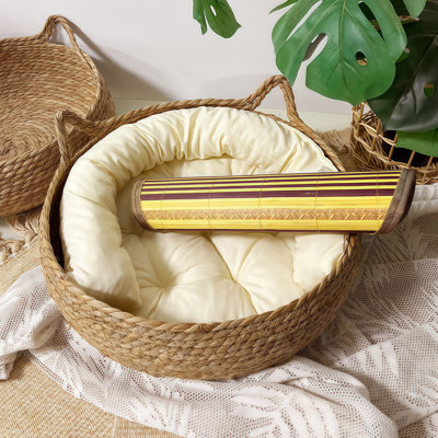 Cat Ear Hand Woven Natural Cattail Round Cat Bed, 2-in-1 Cat Scratcher Nest with Machine Washable Plush Cushion Pillow & Cooling Bamboo Mat, All Season Boho Indoor Pet Basket Available in Two Sizes Holds Up To 15 Lbs White 15.8x5.5 / 18.1x5.9 Inch