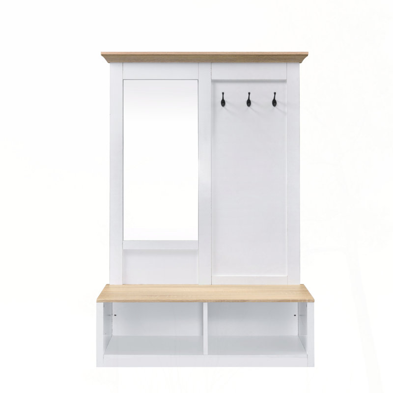 Light Oak and White Hall Tree with Mirror and Hooks