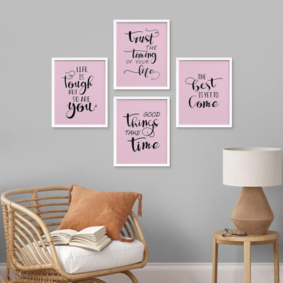 " Life Is Tough Pink Inspirational Motivational Set Of 4 Word Art Preppy Wall Decor Framed Prints " 4 - Pieces