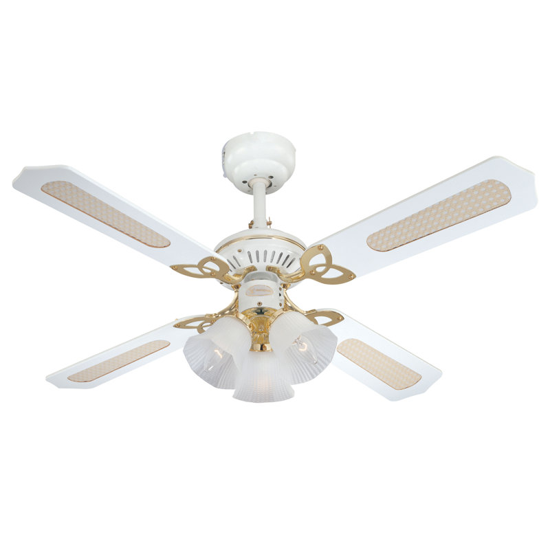 Gemmenne 105cm Ceiling Fan with Light Kit, White and Polished Brass / White Cane or White