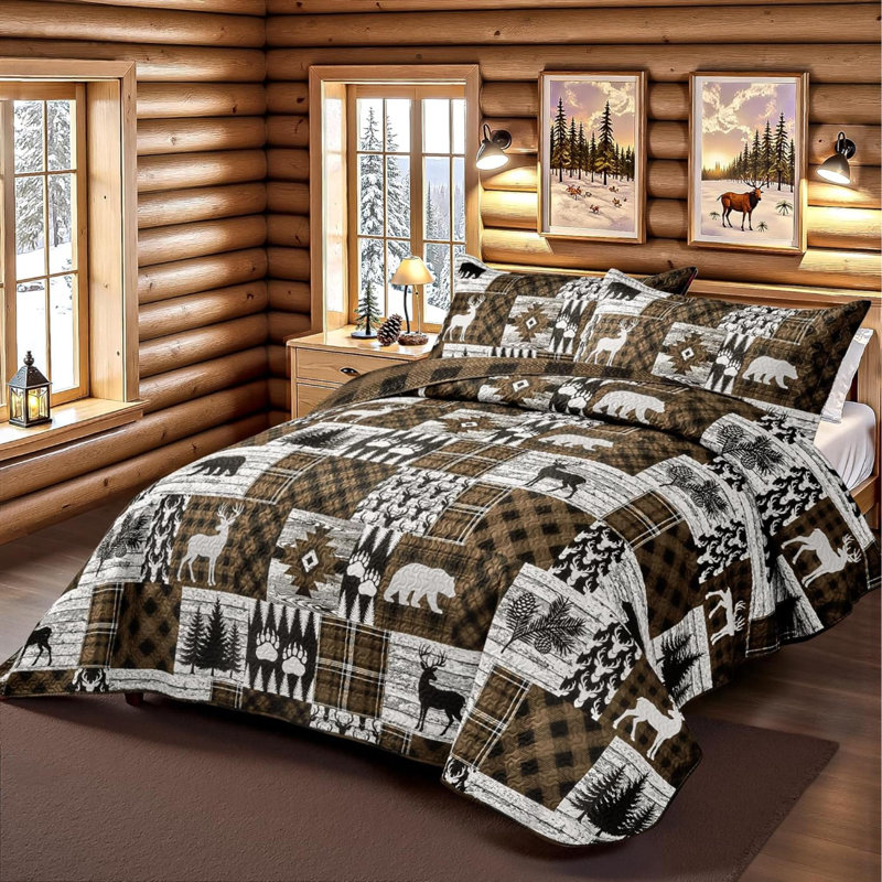 Ensemble de courtepointe 2 pièces pour ensemble de courtepointe rustique réversible en microfibre avec 1 taie décorative Patchwork Country Lodge