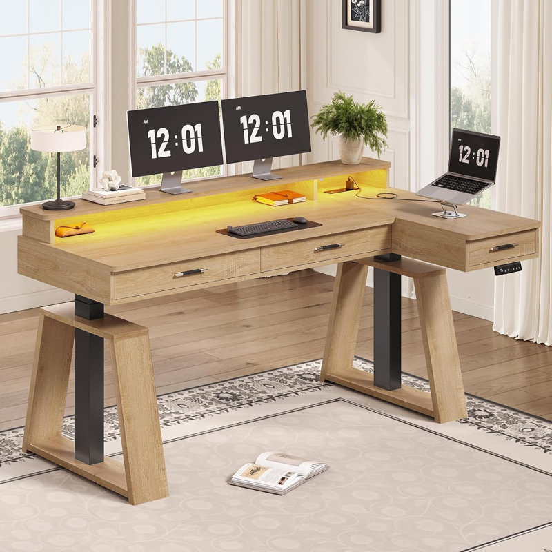 59" L Shaped Electric Standing Desk With Drawers, Oak
