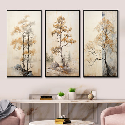 «Beige Tree Pine Tranquility», ensemble de 3 impressions sur toile de pin