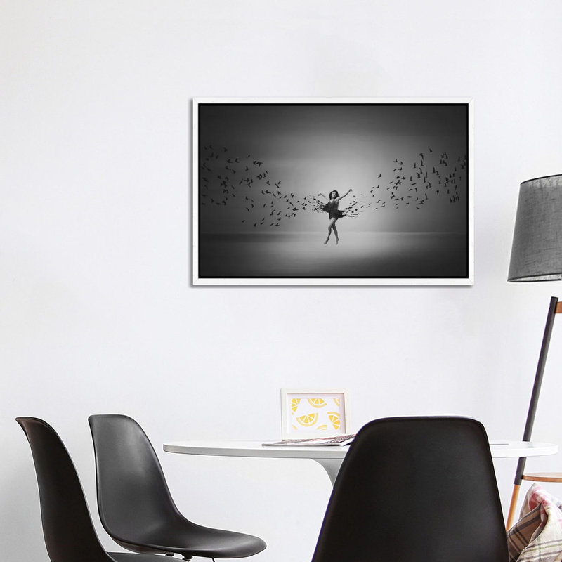 Ballerina Flight Of Birds by Mark Biwit - Print on Canvas, White Floater Framed, 66.04cm H x 101.6cm W x 3.81cm D