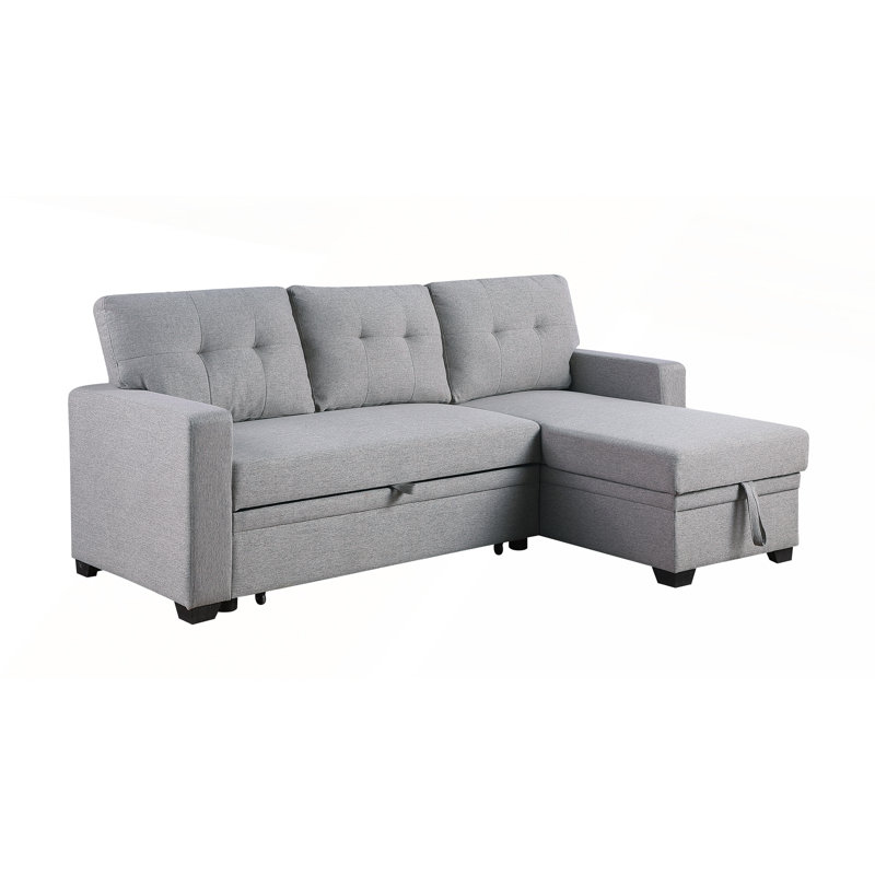 Upholstered Pull Out Sectional Sofa with Chaise for Twin Size Sleeper and Removable Back Cushions, Light Gray