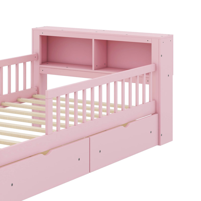 Lit simple avec support de tête de lit, deux tiroirs sous le lit et sécurité, Rose