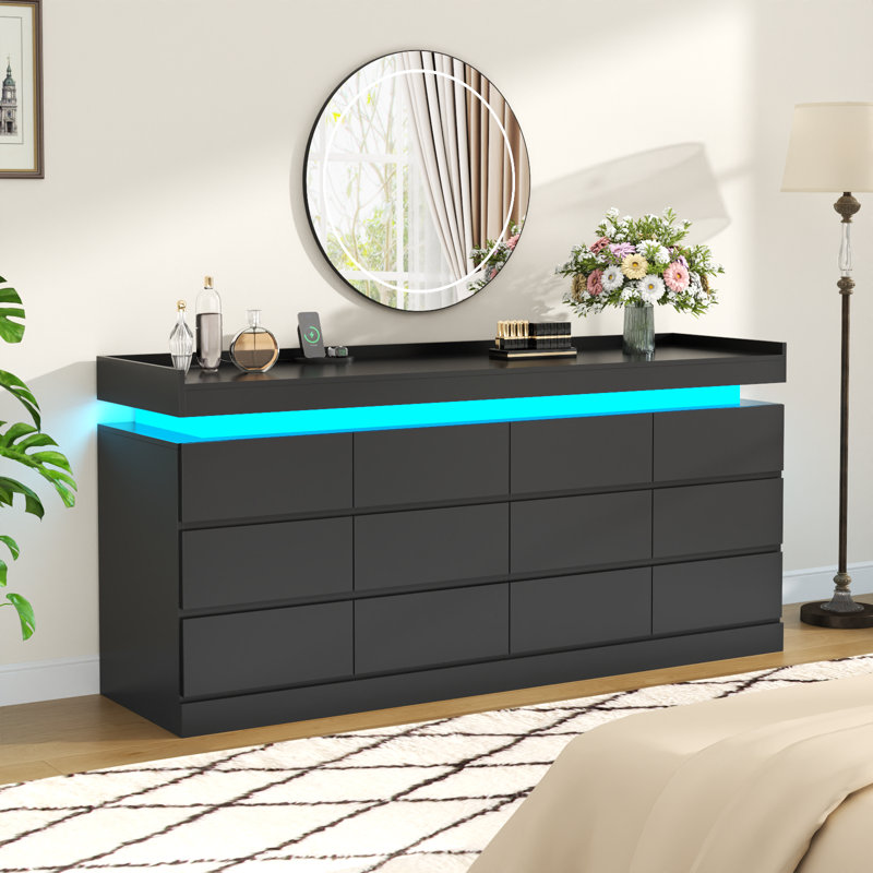 Commode 12 tiroirs pour chambre à coucher avec prise de courant, lumière DEL, Noir, noir, noir, noir