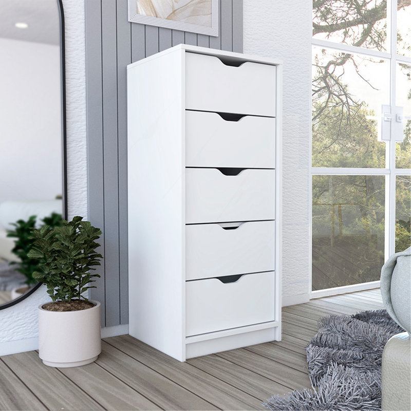 Dresser Kamran, Five Drawer Narrows, White Finish, White