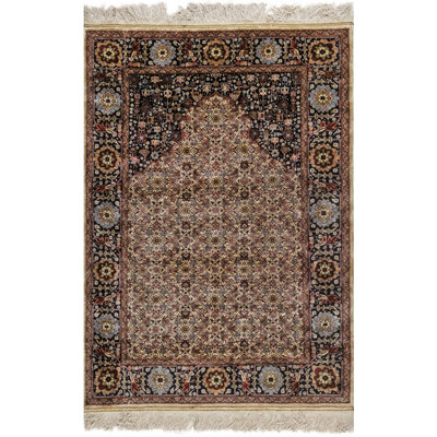 Tapis bleu / brun / rouge en soie de qualité rétro 3 pi 8 po x 5 pi 2 po