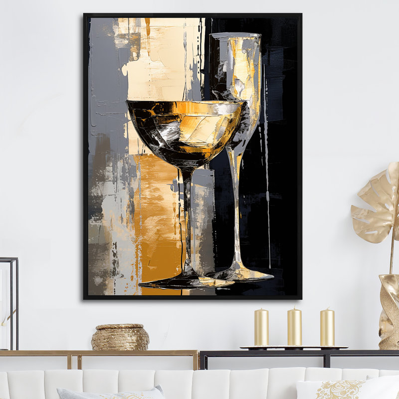 Champagne Collage avec verres - Champagne, art mural, H 32 po x l 16 po x P 1 po, Cadre flottant noir