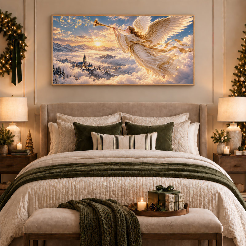Art mural sur toile, "Ange volant jouant de la trompette dorée", 40“W x 20”H