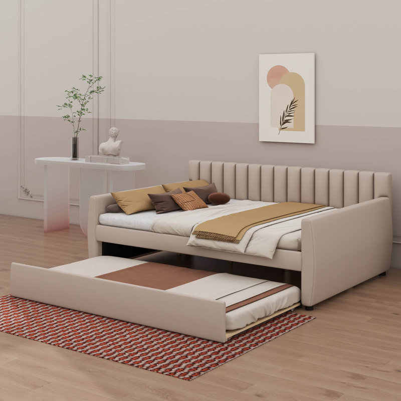 Full-Sized Daybed Including A Built-In Pull-Out Trundle, Beige