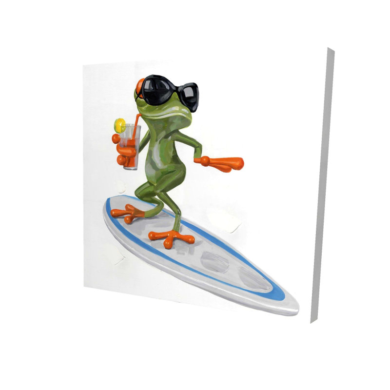 «Funny Frog Surfing Canvas» | Art animalier vert pour la décoration intérieure