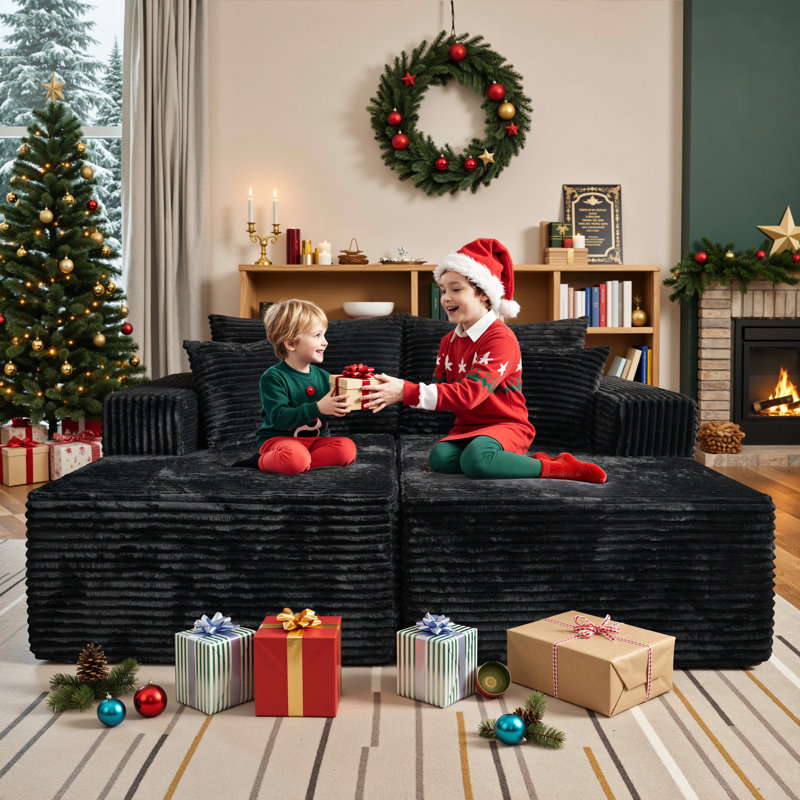 No Assembly Required Compression Packed 2-Piece Cloud Modular Corduroy Boneless Sectional Sofa, Black Polyester