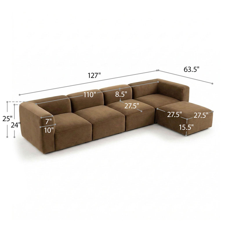 Canapé modulaire en L surdimensionné en velours avec méridienne réversible Modular Performance, Velours brun clair