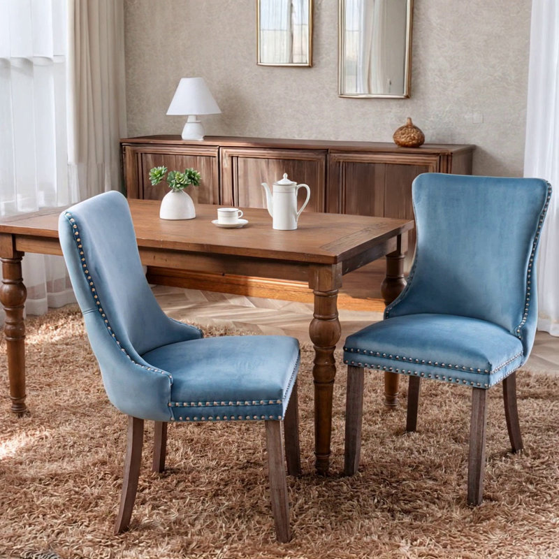 Upholstered Wing-Back Dining Chair With Backstitching Nailhead Trim And Solid Wood Legs, Light Blue Velvet