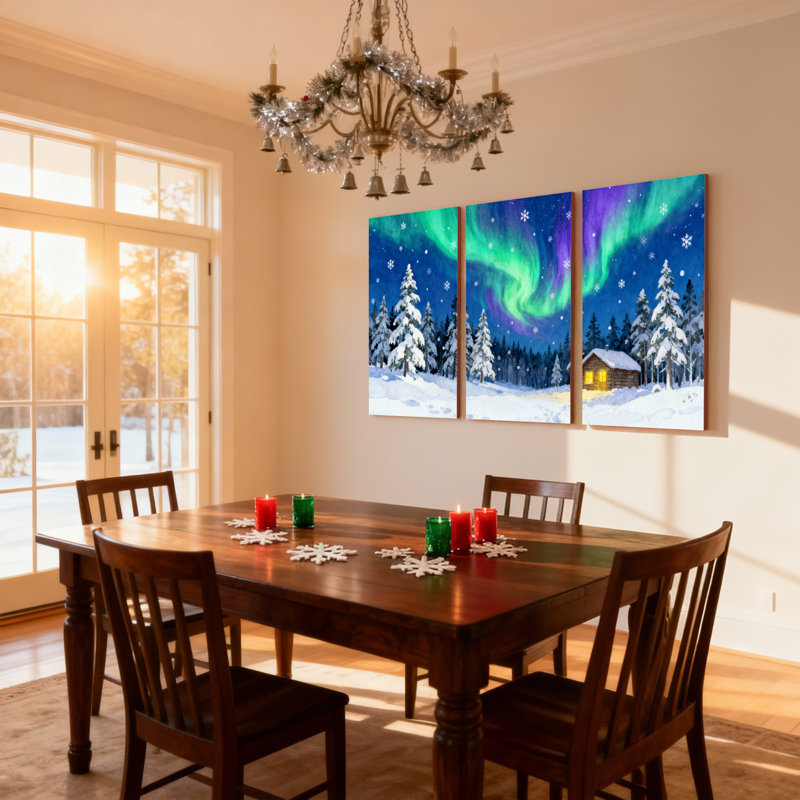 «Christmas Northern Lights Winter Forest Cabin Snowflake Sky Reflection», ensemble de 3 impressions murales sur toile
