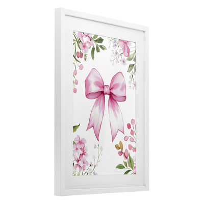 Whimsical Floral Bow Pink Framed Print Under Glass, design by Creative Studio