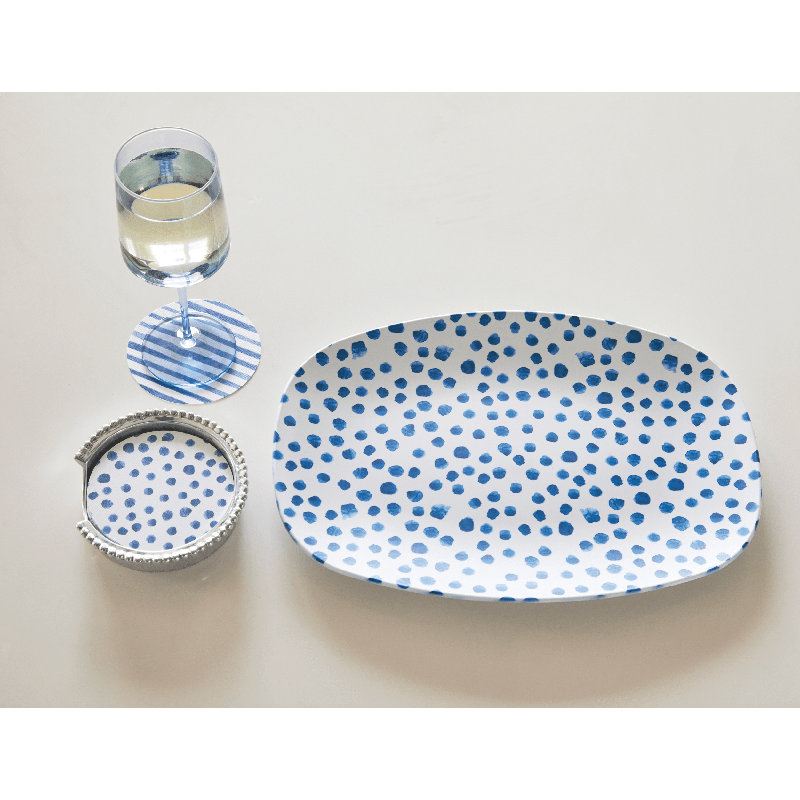 Polka Dots Coaster Set with Holder, Blue