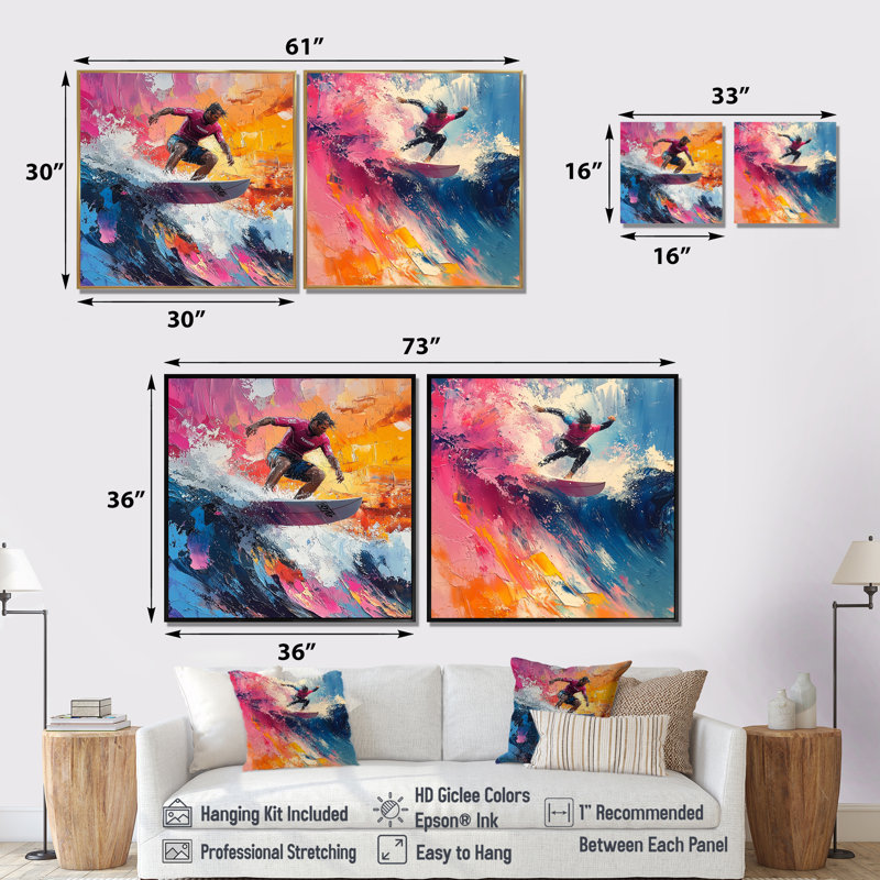 Concours de surf rose I - art mural surf - ensemble de 2 décorations murales modernes, H 36 po x l 73 po, Noir
