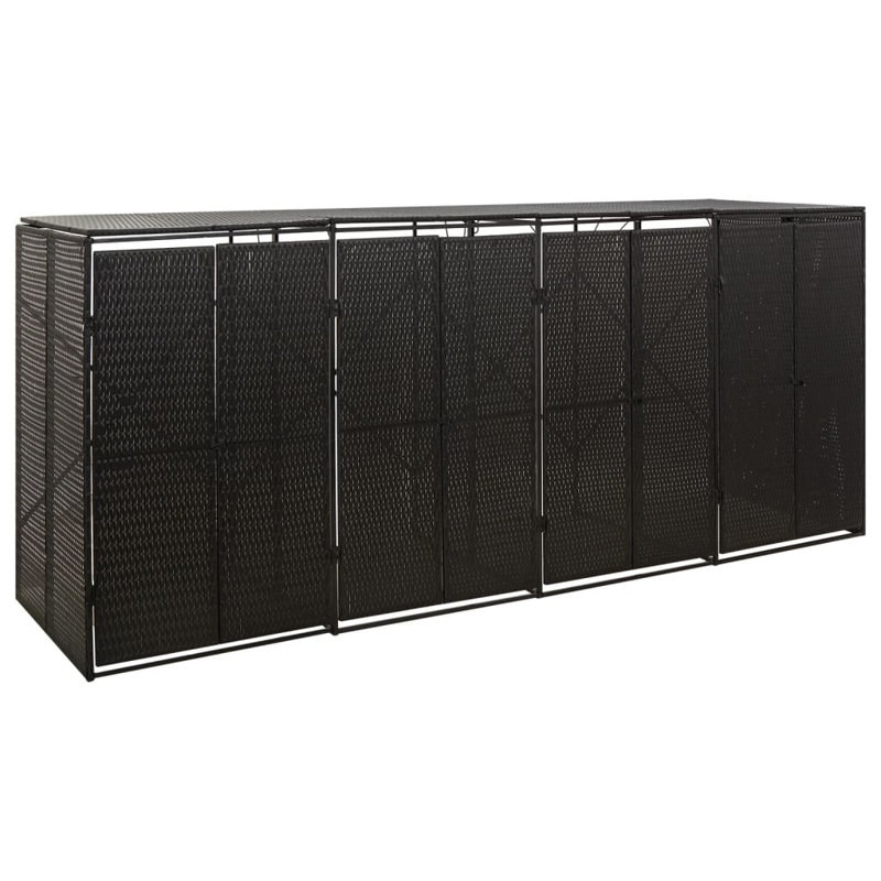 vidaXL Bin Store Trash Can Storage Quadruple Wheelie Bin Shed Poly Rattan, Black