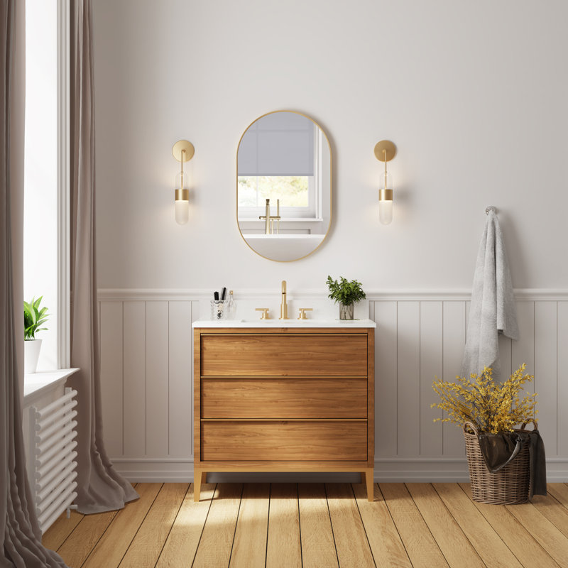 Bathroom Wall Mounted Oval Metal Framed Mirror, 32" x 20", Brushed Gold