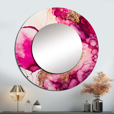 Safa Serenity In Rasberry Blush V - encre liquide, miroir décoratif mural unique, grand miroir rond rose, impression d'art en métal