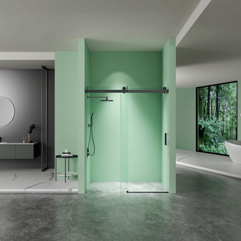 Porte de douche coulissante simple sans cadre à fermeture en douceur, verre trempé de 3/8 po (10 mm) avec revêtement facile à nettoyer