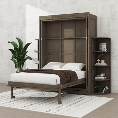 Grand lit escamotable rotatif avec unité murale cachée, 2 supports latéraux à 3 niveaux, bureau, tablettes de rangement supplémentaires, armoire de lit murale