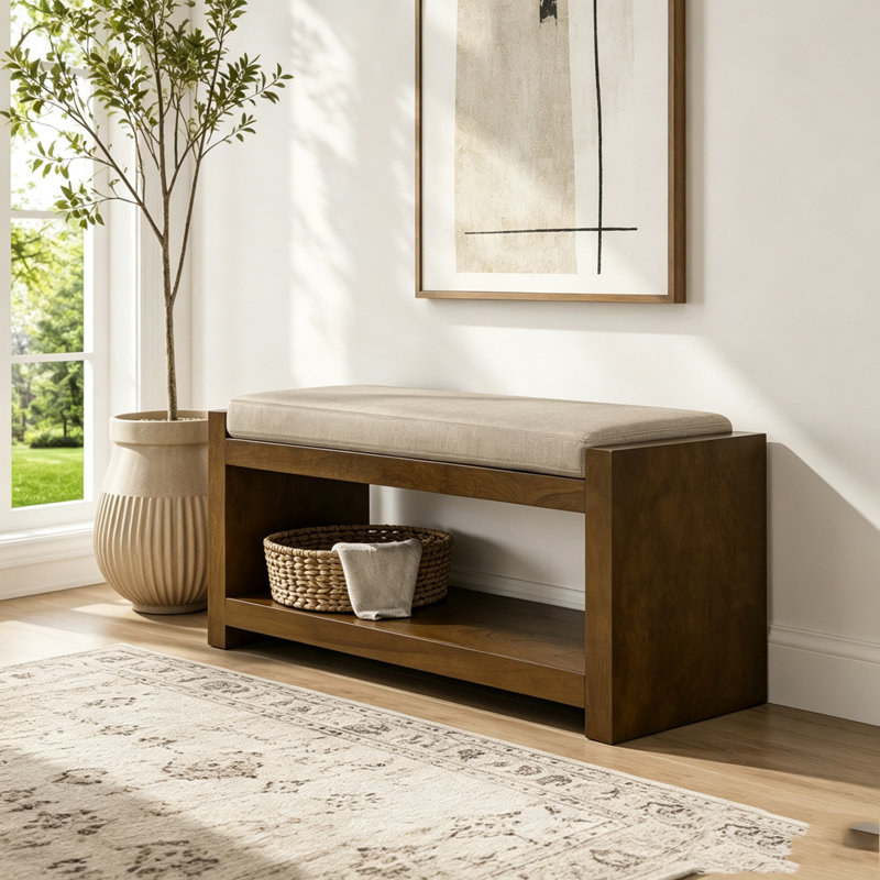 Banc d'appoint avec tablette inférieure et coussin amovible, Lin