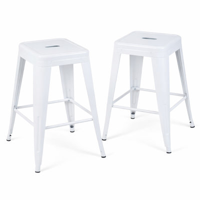 24 Inch Counter Height Stool, Backless Metal Bar Stools Set of 2, Non-Stackable, Detachable & Easy Assembly, Space-Saving Design for Kitchen Island/Bar/Café/Dining Room (White)