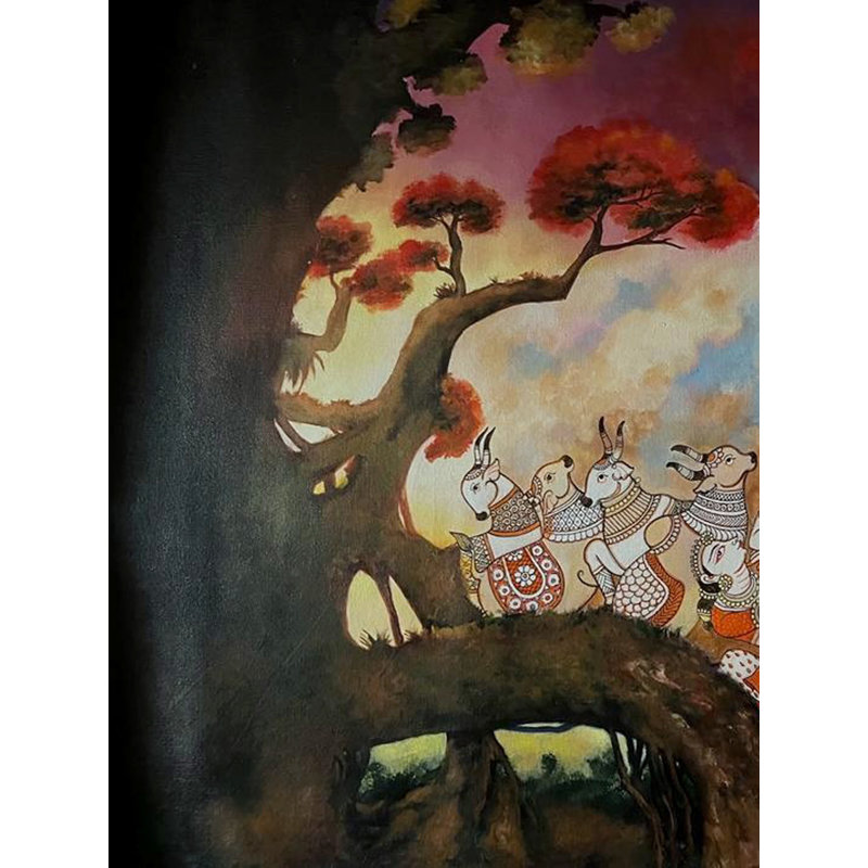 Une Leela de Vrindavan | Acrylique sur toile | Par Nikunja Bihari Das | Avec cadre