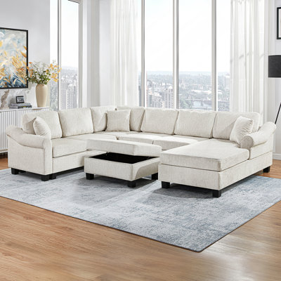 Canapé modulaire Canapé modulaire rembourré en chenille de 111,8 po avec repose-pieds de rangement mobile pour le salon, blanc