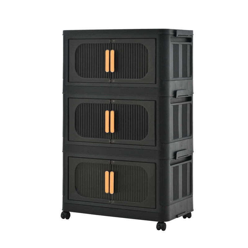 20" Side Wide Folding Storage Cabinet ,3 Tiers,19.69"×11.81"×31.10",Collapsible Storage Bins With Magnetic Door, Plastic Storage Cabinet With Wheels