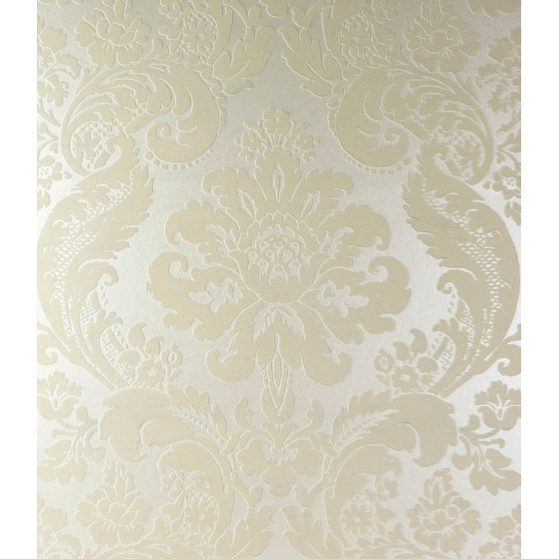 Shadow Black Flocked Damask Wallpaper, White