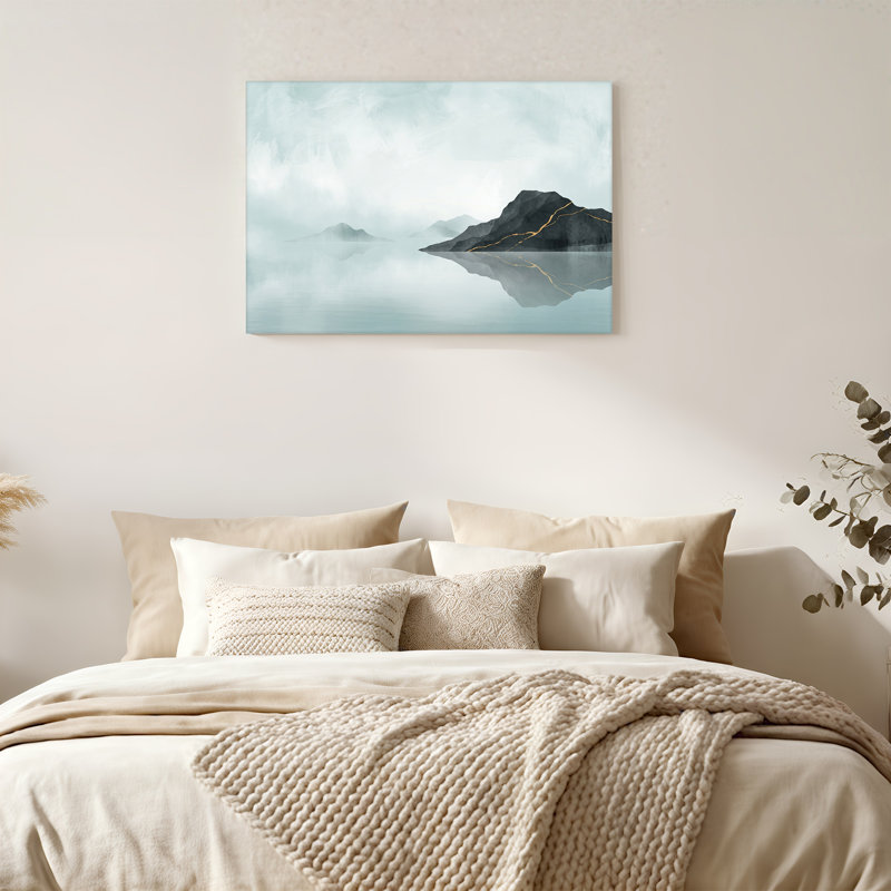 Art sur toile, paysage de montagne avec veines dorées et reflet de l'eau, 12"H x 18"W