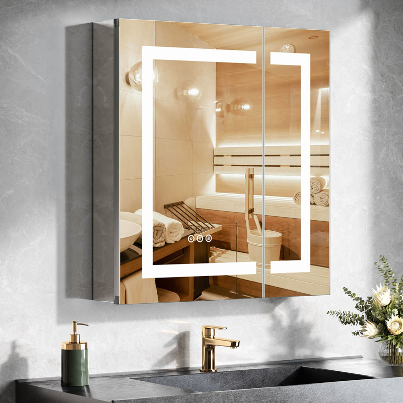 Armoire à pharmacie éclairée à DEL encastrée ou à fixation en surface avec miroir et 2 tablettes réglables Hilvert, à intensité variable