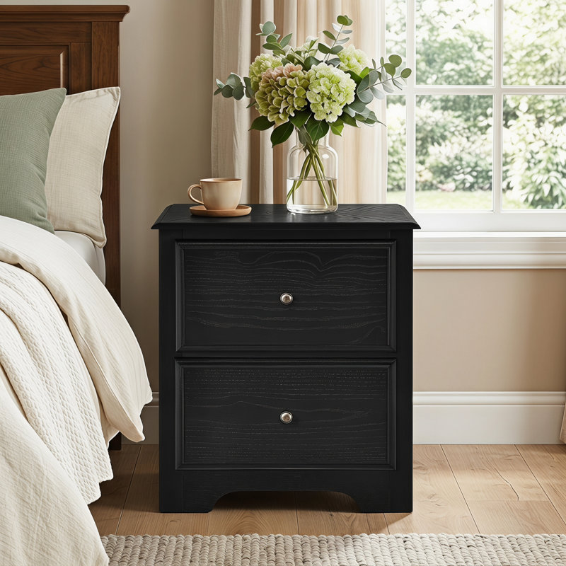 2 Drawers Solid Wood Construction Nightstand (Set Of 2), Black, Set of 2