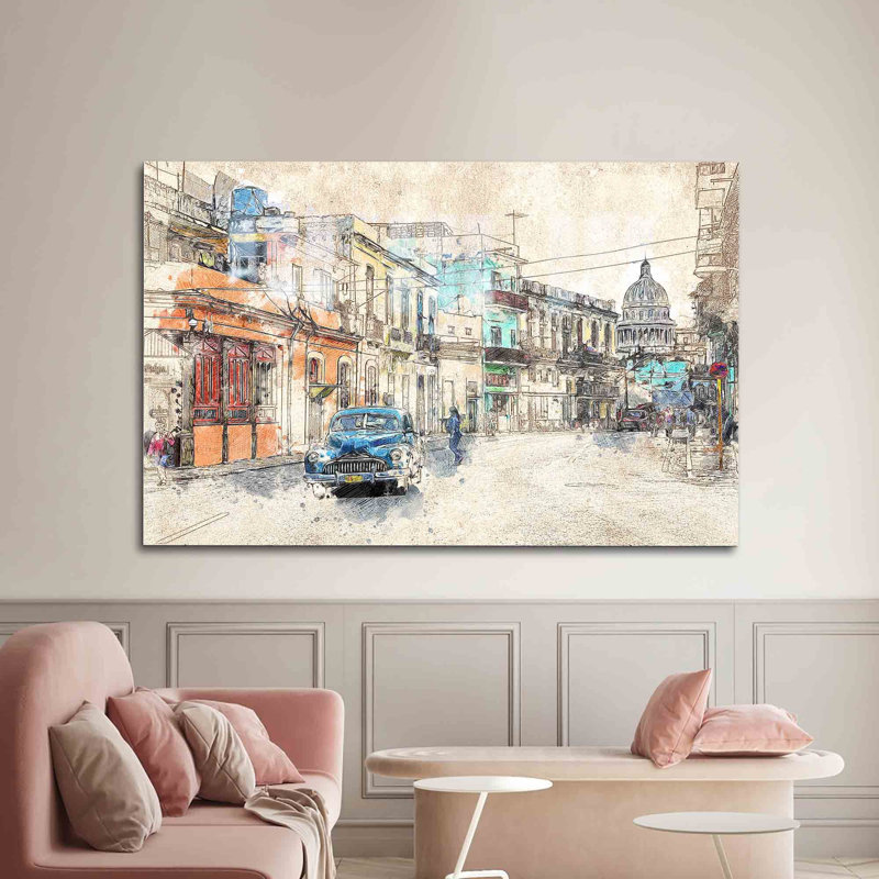 Élégant art mural en verre présentant une impression de dessin de l'architecture de la ville pour un décor de maison et de bureau moderne