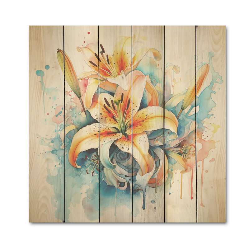 Aquarelle élégante lis pureté I - lys, art mural sur bois de pin naturel, H 15 po x l 15 po