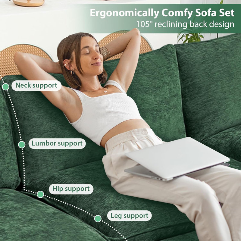 Upholstered U-Shape Sectional With Two Ottomans, 34.6" H x 80" W x 57.8" D, Green Chenille