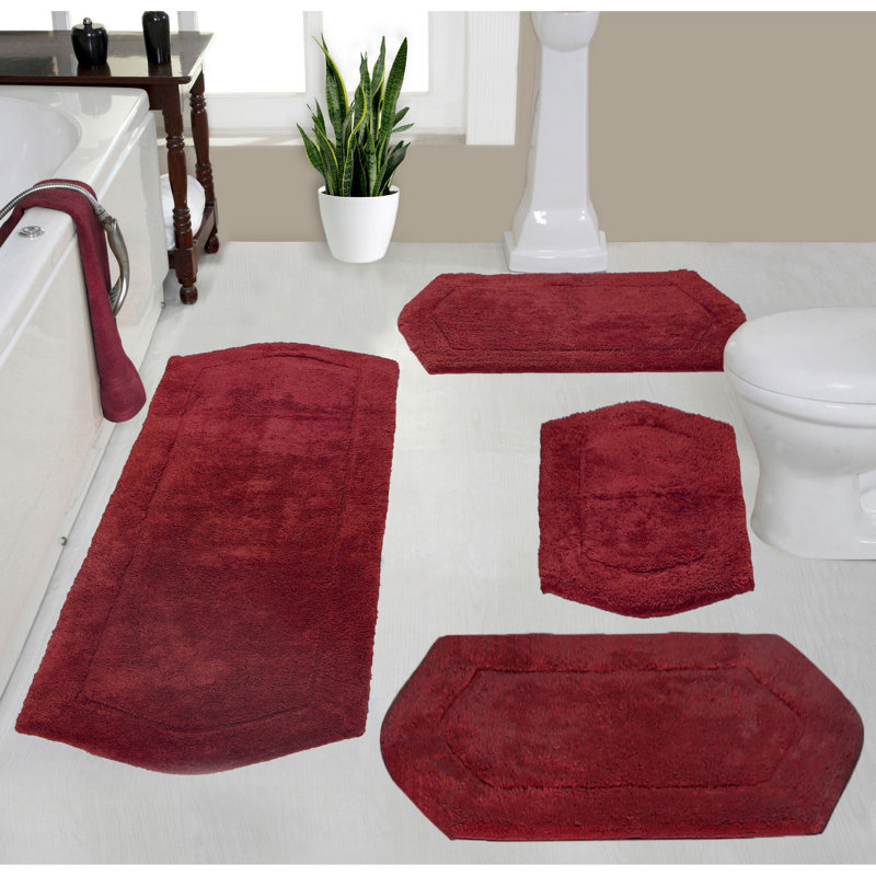 Morissette 100% Cotton Bath Rug, Non-Slip, Quick Dry, Absorbent, Machine Washable - 4 Piece Set, Red