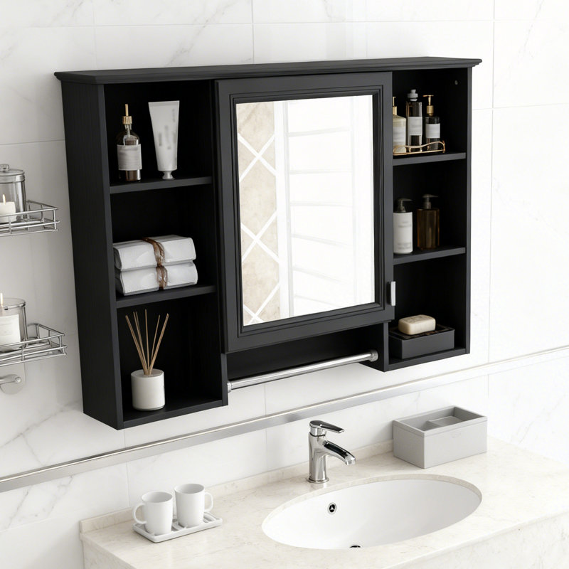 3-In-1 Wall Mounted Bathroom Cabinet With Adjustable Shelves & Soft Close Doors, Black, 28.7" H x 41" W x 7.1" D
