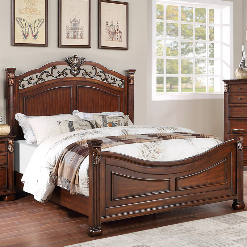 Lit oriental en bois avec tête de lit artisanale, Très grand, Brun