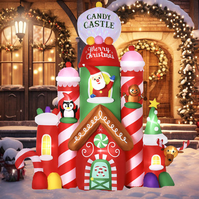 Décoration de Noël gonflable, château de bonbon rouge (l 106,25 po x P 45,25 po x H 118 po) - Idéal pour un décor de Noël intérieur / extérieur, 10 lumières à DEL (0,48 l) + 1 lumière colorée rotative (1,2 l), polyester IP44, comprend 10 Piquets + 5 cordons + 3 sacs de sable